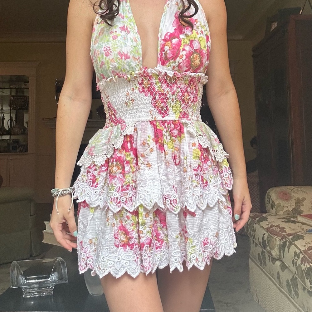 LoveShackFancy Pink and White Floral Mini Dress